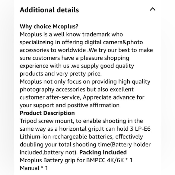 Mcoplus Battery Grip 4 Blackmagic Pocket Cinema Camera bmpcc 4K 6K CameraPocket - Picture 9 of 16